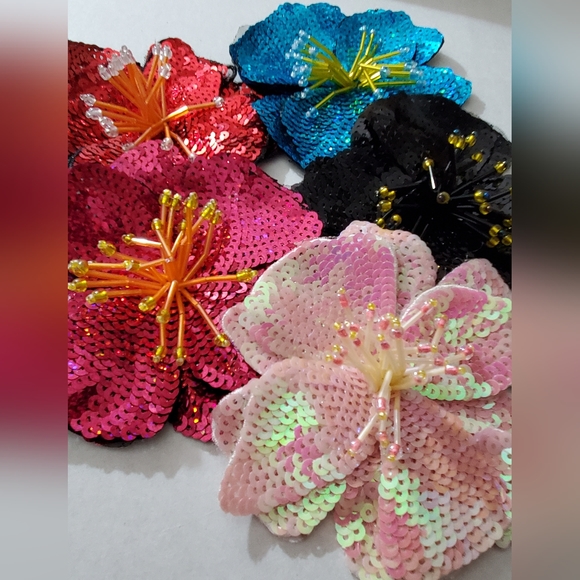 3D hibiscus beaded applique flower sew on iron on patch sequins tropical red - Picture 7 of 9